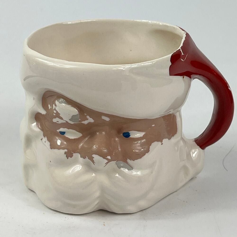 Vintage Japan Santa Mug Side Eye Red Handle Ceramic 3" Christmas Cup Mid Century